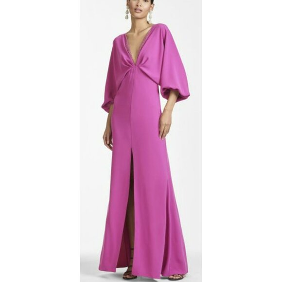 NEW Sachin & Babi $825 Fuchsia Beaded Plunge V-Neck Gown Maxi Dress Sz 4 - Picture 1 of 10